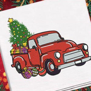 Red Truck Christmas Embroidery Design, Cute Holiday Christmas Car, Xmas Embroidery Pattern, Instant Download, 4 Sizes