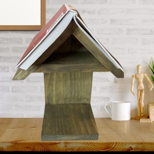 Handcrafted Wooden Book Holder - Rustic Nightstand Organizer with Coffee Cup Space