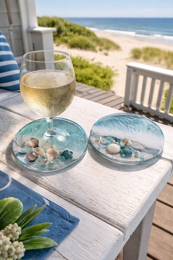 Handmade Ocean Resin Coasters with Real Shells | Coastal Seashell & Starfish Coasters | Beach Gift Decor