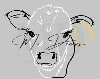 Puede incluir: Ilustración minimalista de un rostro de vaca, con contornos en blanco y negro y un toque de amarillo. La imagen incluye el texto "-M. Draws-" y "WE STER ART" sobre un fondo gris. El rostro de la vaca está centrado, con ojos y orejas detallados.