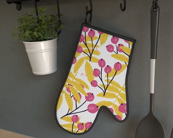 Oven Mitt - Yellow Leaves with Purple Berries - Oven Glove - Pot Holder - Cook - Hostess Gift - Housewarming - Christmas - Birthday - Chef
