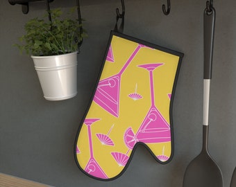 Oven Mitt - Yellow and Pink Martini Print- Oven Glove - Pot Holder - Cook - Hostess Gift - Christmas - Birthday - Chef - Cocktail- Drinks