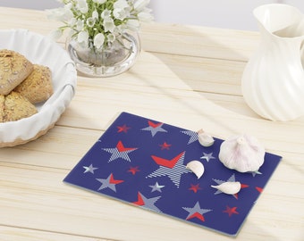 Cutting Board - Red, White and Blue Star Print -Tempered Glass - Kitchen - Hostess Gift - Dishwasher Safe - Memorial Day - 4th of July - USA