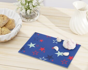 Red, White and Blue Star Print Tempered Glass Cutting Board - Kitchen - Hostess Gift - Dishwasher Safe - Memorial Day - 4th of July - USA