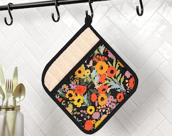 Bright, Multi-Colored Floral Print Pot Holder - Mother's Day-  Christmas - Birthday - Kitchen - Oven Mitt- Hostess Gift - Cook- Flowers