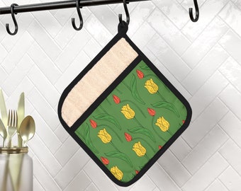 Pot Holder - Red and Gold Tulip Design- Green - Mother's Day- Christmas - Birthday - Housewarming - Kitchen - Oven Mitt- Hostess Gift - Cook