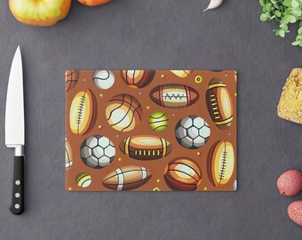 Cutting Board - Colorful Sports Ball Print- Tempered Glass - Dad-  Kitchen - Chef - Gift- Housewarming - Hostess Gift - Dishwasher Safe- Bar