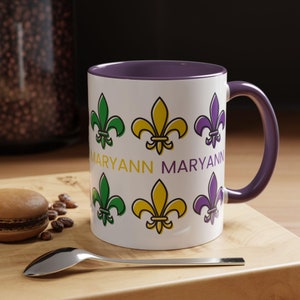 Mardi Gras Accent Mug, Fleur de Lis Coffee Cup, Personalized Mardi Gras Gift, Mardi Gras Party Supplies, Mardi Gras Decor, Custom Name Mug