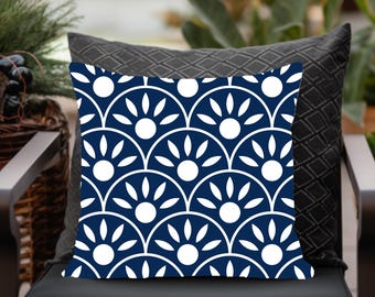 Navy Blue Outdoor Pillow: Sunburst Pattern, UV & Water Resistant