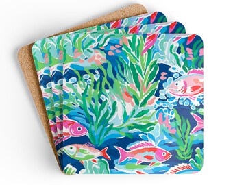 Blue, Pink and Green Ocean Fish Print Corkwood Coaster Set - Home - Birthday - Hostess Gift - Housewarming - Patio Party - Porch Party