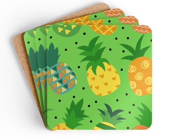 Multi-Colored Tropical Pineapple Print Corkwood Coaster Set - Home - Summer - Mother's Day - Birthday -  Hostess Gift - Beach House - Modern