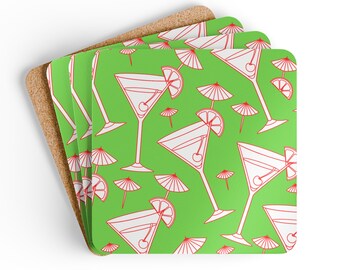 Fun, Modern Martini Glass Design on a Green Corkwood Coaster Set - Home - Summer - Mother's Day - Birthday - Hostess Gift - Housewarming