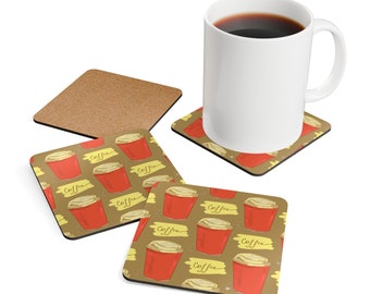 Coaster Set - Multiple Red Coffee Cups Design On Brown Corkwood - Home - Coffee - Birthday - Hostess Gift - Housewarming - Drinks