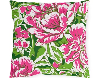 Outdoor Bright Pink and Green Floral Print Pillow - Outside - Porch - Patio - Deck - Tropical - Birthday - Hostess Gift - Beach House