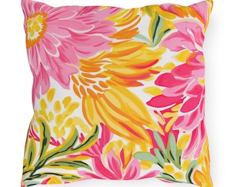 Outdoor Pillow - Bright Pink, Yellow and Orange Flower Print- Outside - Porch - Patio - Deck - Tropical - Hostess Gift - Beach House