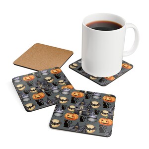 Zestaw podstawek na Halloween, Nawiedzony dom, Dynie, Nietoperze, Dekoracje świąteczne, Impreza, Corkwood, Prezent dla gospodyni, Kuchnia, Wózek barowy, Napoje,