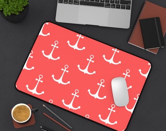 Desk Mat -Red and White Anchor Print - Office Decor- Workspace - Home Office - Birthday - Nautical -Beach - Christmas - Laptop Mat- Boating