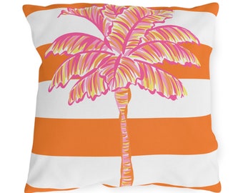 Outdoor Orange and White Stripe with Palm Tree Print Pillow - Outside - Pool - Patio - Porch - Deck - Summer - Birthday Gift - Summer