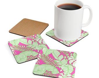 Coaster Set -Bright Pink and Green Modern Leaf Print On Corkwood - Home - Summer - Mother's Day - Birthday -  Hostess Gift - Housewarming