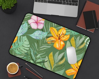 Tropical Flowers and Palm Leaf Print Desk Mat - Office Decor- Workspace - Home Office - Birthday - Mother's Day - Birthday - Christmas