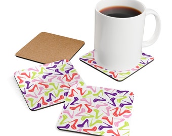 Coaster Set -Bright, Multi-Colored High Heal Shoes On White Corkwood - Home - Mother's Day - Birthday -  Hostess Gift - Housewarming- Shoes