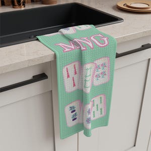 Mahjong Tile Kitchen Towel: Aqua Microfiber, Quick Dry