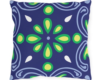 Outdoor Pillow -Navy, Green and White Print- Outside - Pool - Porch - Deck - Patio - Gift for Her - Housewarming - Birthday - Summer Decor