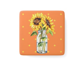 Magnet - Porcelain - Sunflower - Gift - Christmas Stocking - Birthday - Hostess - Refrigerator - Flowers - Mother - Gardener