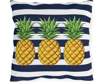 OUtdoor Navy Blue and White Striped Pineapple Print Pillow - Outside - Pool Area - Porch - Patio - Deck - Birthday Gift - Gift for Her