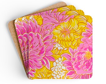 Big, Bright Pink and Yellow Flowers on a Corkwood Coaster Set - Home - Birthday - Hostess Gift - Housewarming - Patio Party - Porch Party