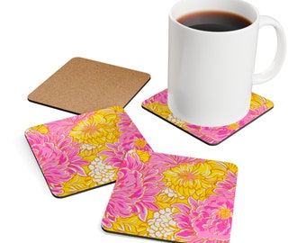 Coaster Set -Big, Bright Pink and Yellow Flowers on Corkwood- Home - Birthday - Hostess Gift - Housewarming - Patio Party - Porch Party