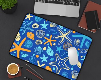 Desk Mat - Blue Beach Theme Print= Seashells - Office Decor- Workspace - Home Office - Birthday Present - Mother's Day - Birthday- Christmas