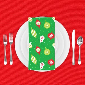 Holiday Cloth Napkins, Christmas Ornaments, Holiday Table Decor, Set of 4, Green Red White, Festive Dining Linens, Gift for Home, Xmas Decor