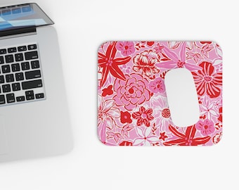 Mouse Pad - Red and Pink Floral Print -  Rectangular Mousepad - Mother's Day - Desktop - Birthday Present - Christmas- Hostess Gift
