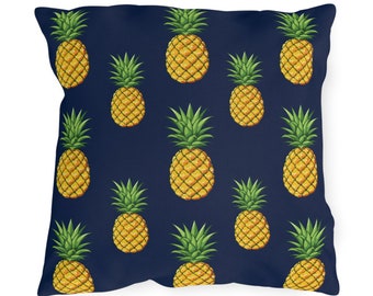 Outdoor Navy Blue Pineapple Print Pillow - Outside - Porch - Patio - Deck - Pool Side - Tropical - Birthday - Hostess Gift - Housewarming