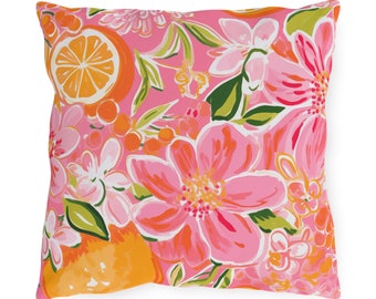 Outdoor Pillow - Pink and Orange Floral and Citrus Print - Outside - Porch - Patio - Deck - Tropical - Birthday - Hostess Gift - Beach House