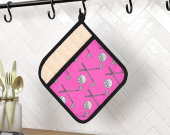 Pink Golf Ball and Club Print Pot Holder -  Hostess Gift - Christmas - Birthday - Housewarming - Kitchen - Oven Mitt - Mom - Mother's Day