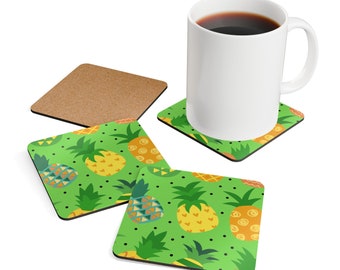 Coaster Set - Multi-Colored Tropical Pineapple Print On Corkwood - Home - Summer - Mother's Day  -  Hostess Gift - Beach House - Modern