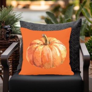 May include: Orange throw pillow with a watercolor painting of a pumpkin on it.