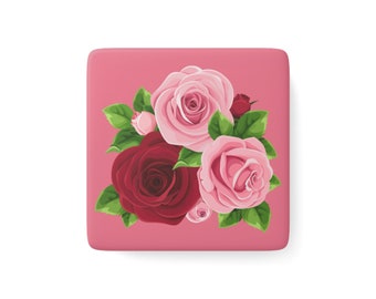 Magnet -Pink Roses - Porcelain - Gift - Christmas Stocking - Birthday - Hostess - Refrigerator - Flowers - Floral - Grandmother