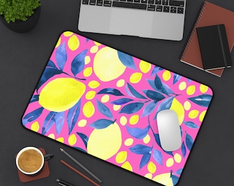 Bright Pink Modern Lemon Print Desk Mat -  Office Decor- Workspace - Home Office - Birthday Present - Mother's Day - Birthday - Christmas