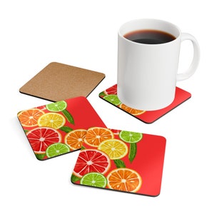 Onderzetter set van vier, veelkleurige moderne citrusprint op rood, cadeau voor thuis, Moederdag, verjaardag, gastvrouw cadeau, barwagen, housewarming