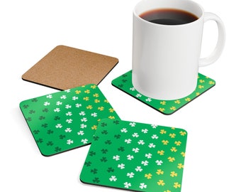 Coaster Set - Shamrock Design On Green Corkwood - Home - Mother's Day - Birthday -  Hostess Gift - Housewarming- Irish - St. Patrick's