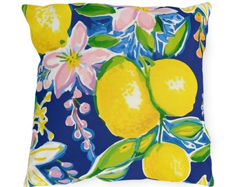 Outdoor Pillow - Navy, Lemon and Pink Flower Print - Outside - Porch - Patio - Deck - Tropical - Birthday - Hostess Gift - Beach House