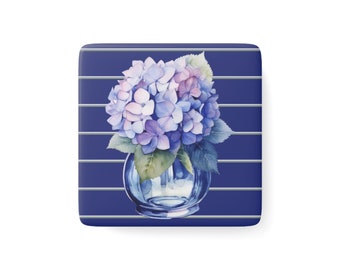 Magnet - Porcelain - Hydrangea - Blue - Gift - Christmas Stocking - Birthday - Hostess - Refrigerator - Flowers - Grandmother