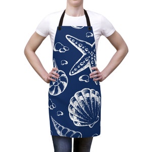 Apron,  Blue and White Sea Shells, Chef, Birthday,  Housewarming, Hostess Gift, Nautical, Kitchen, Mom, Shower, Beach House,  Summer