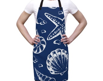 Apron - Blue and White Sea Shells  - Chef - Birthday - Housewarming - Hostess Gift -Nautical - Kitchen - Mom - Shower - Beach House- Present