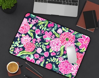 Pink Flowers On A Navy Desk Mat - Office Decor- Workspace - Home Office - Birthday - Mother's Day - Christmas - Laptop Mat - Floral