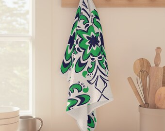 Blue, Green and White Print Kitchen Towel - Mother's Day -  Kitchen - Cook - Christmas - Housewarming - Birthday - Hostess Gift - Shower