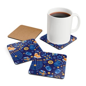 Hanukkah Coaster Set, Gift for Home, Bar Cart, Hostess Gift, Housewarming, Cork Bottom, Jewish Holiday Decor, Menorah, Dreidels, Navy Blue